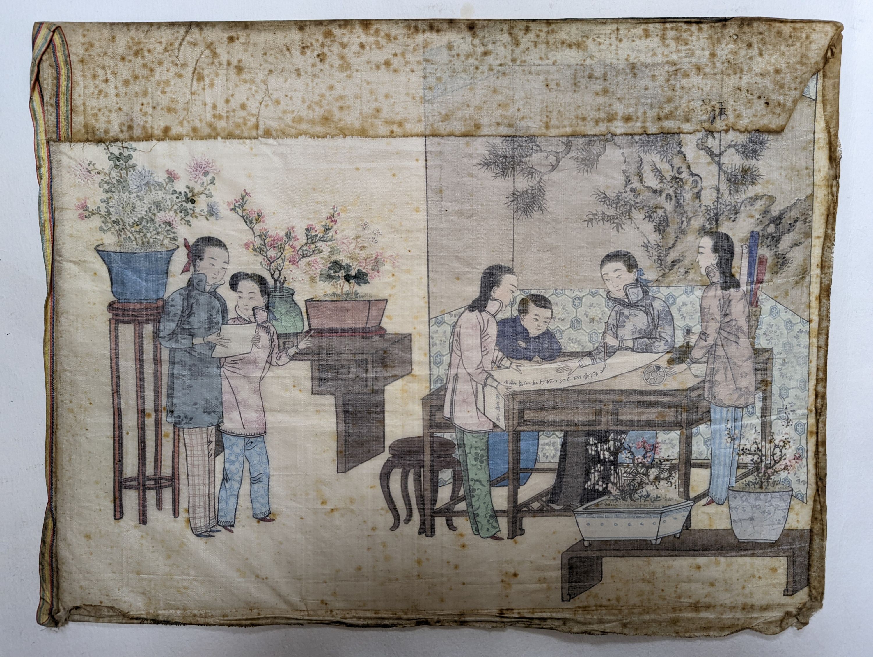 Chinese school circa 1900, gouache on silk, Calligrapher with onlookers, 31 x 40cm, unframed